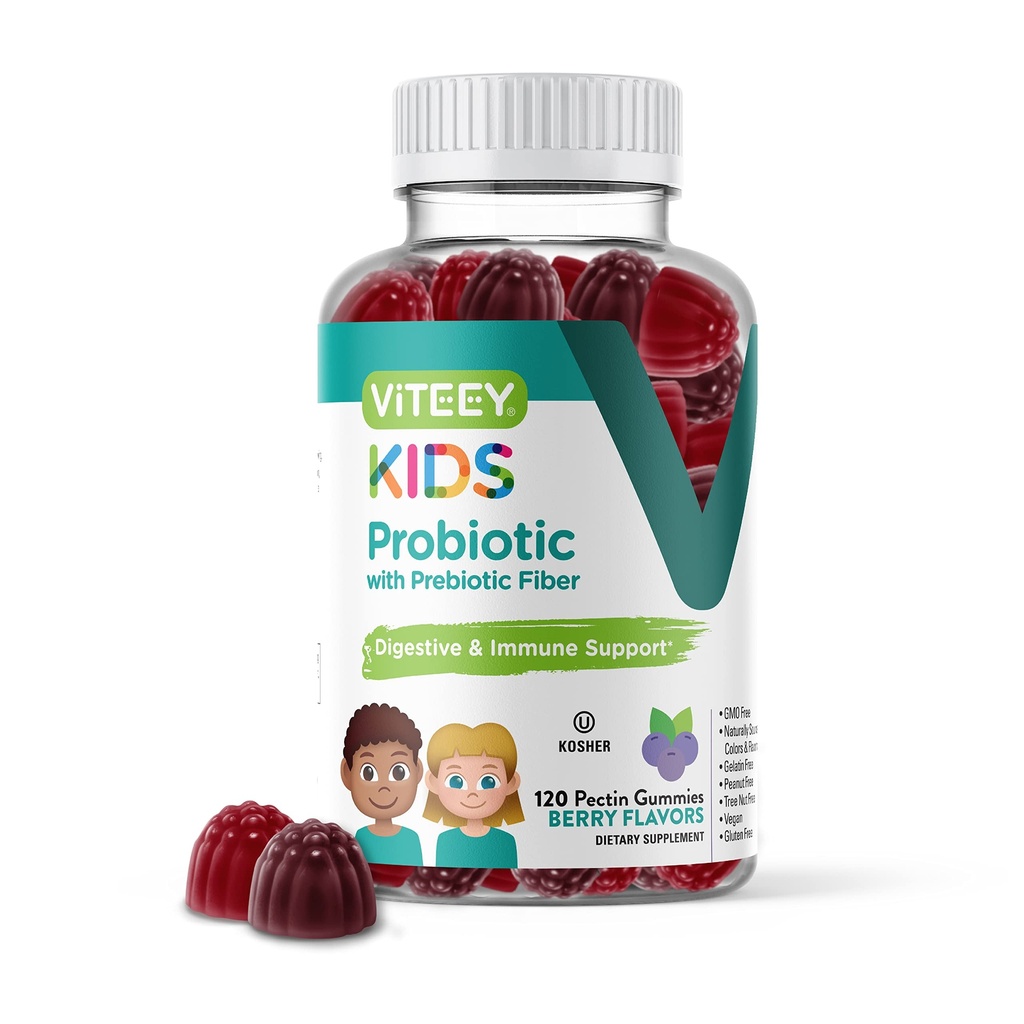 Çocuklar için Viteey Probiyotik Gummies Plus Prebiyotiks Fiber - 2 Milyar CFUs - Digestive Health,Gut Health, Constipation Relief for Kids Support - Vegan, Gelatin Free - Chewable Probiyotik Berry Flavored