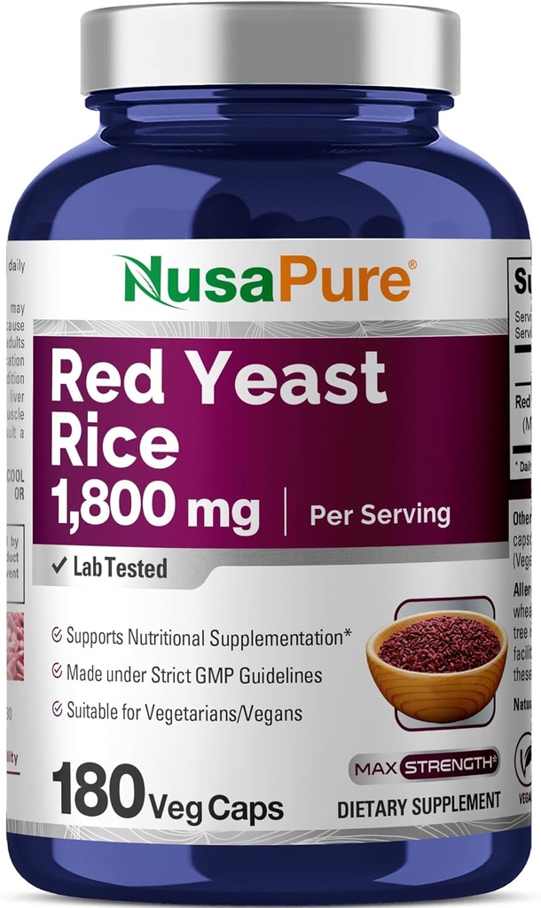 NusaPure Red Yeast Rice 1800 mg 180 Veggie Capsules (Non-GMO, Vegan)