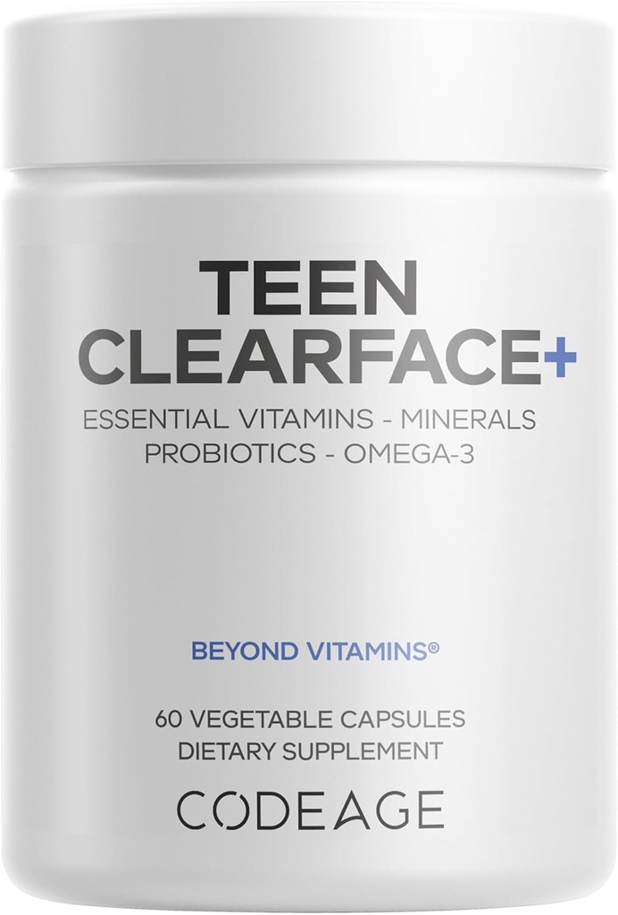 Codeage Teen Clearface Adolescent Face, Skin & Pimples, Vitamins A, C, D3, E, Pantothenic Acid, Niacin, Zinc Supplement Teenagers, Probiotics, L-Lysine, Omega-3, Oily Skin, Pores, Spots - 60 Capsules
