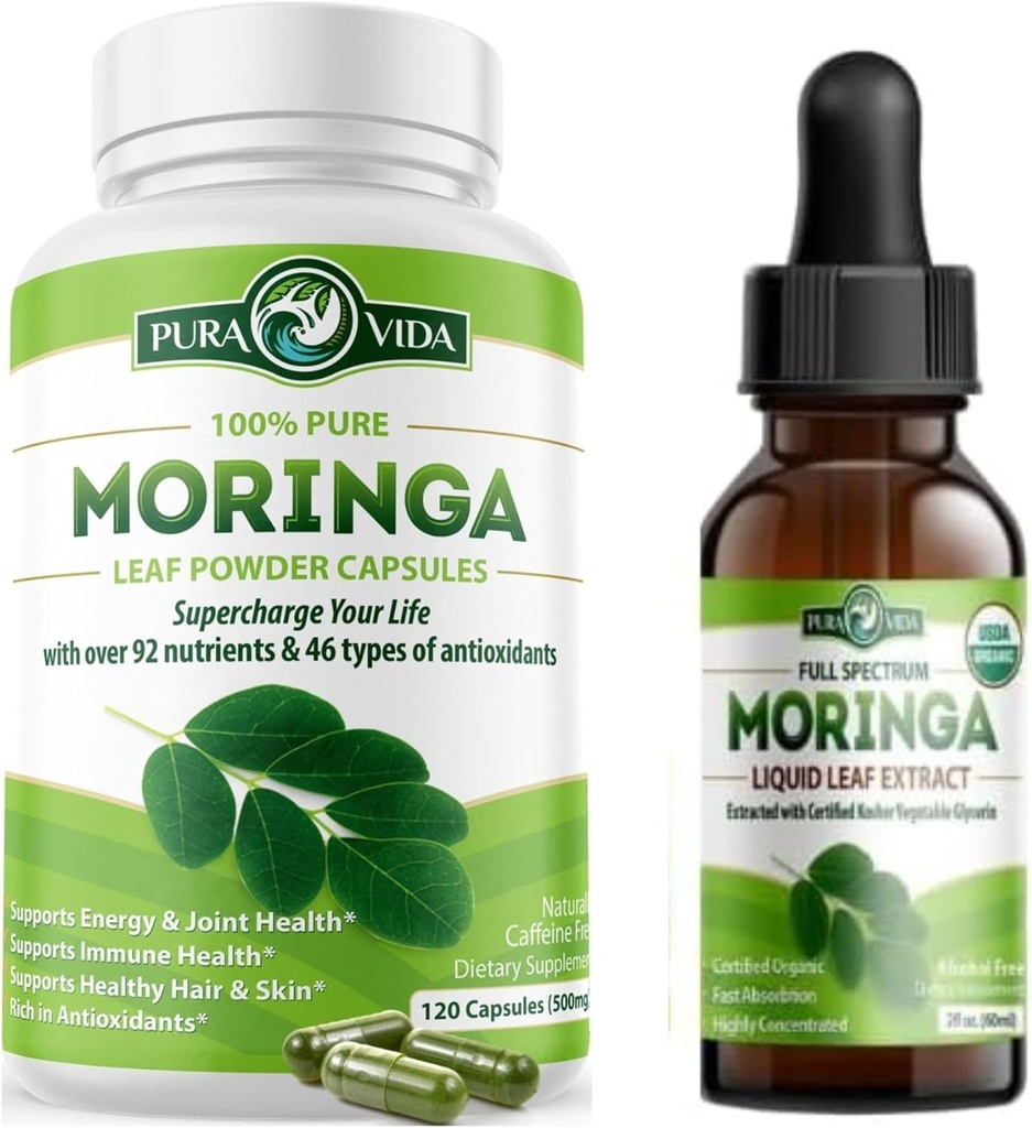 PURA VIDA MORINGA Capsules (120 Count) ve Moringa Leaf Extracts (2fl oz)