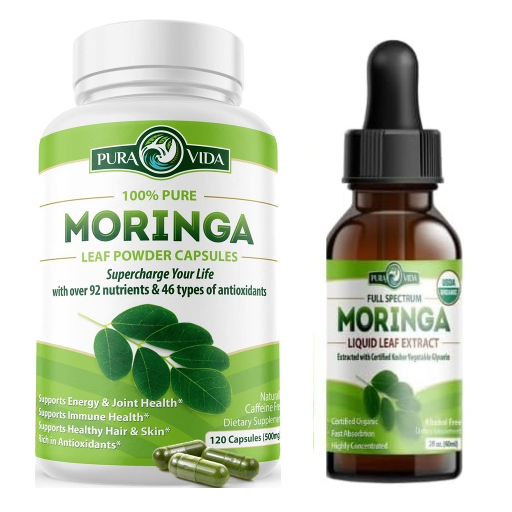 PURA VIDA MORINGA Capsules (120 Count) ve Moringa Leaf Extracts (2fl oz)