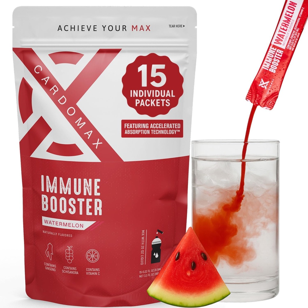 CardoMax Immunity Poker Mix with Ginseng and Vitamin C for Kids and Yetişkinler, Immune Support Supplement for Energy and Wellness, Watermelon Flavor, 15 Single-Serve Liquid Stick Packs