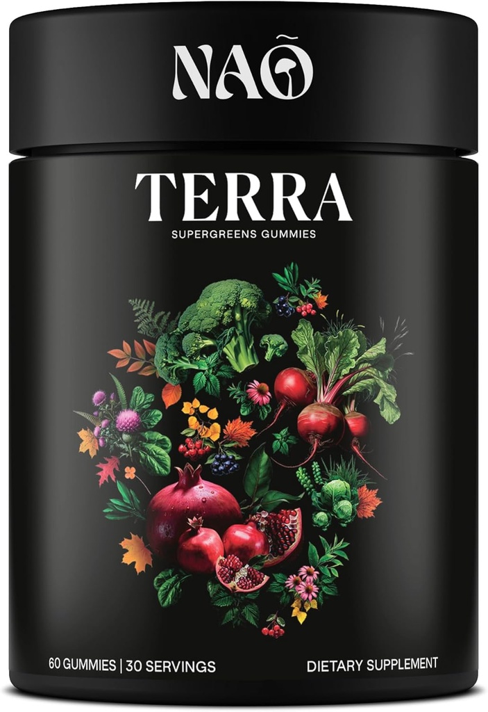 Terra Supergreens Gummies – Spirulina, Chlorella, Turmeric, Reishi & Ashwagandha – Daily Antioksit, Detox & Immune Support Supplement – Vegan, Non-GMO, Made in USA