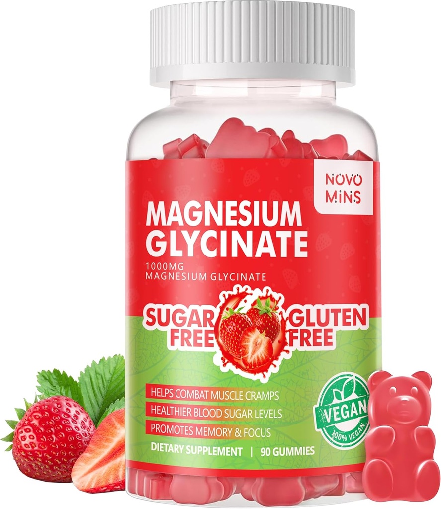 90 CT Magnezyum Glycinate Gummies - Sugar Free Magnezyum P Properties Supplement with Vitamin D, B6, CoQ10 For Calm Mood & Sleep Support - 90 Strawberry Gummies - 90 Strawberry Gummies