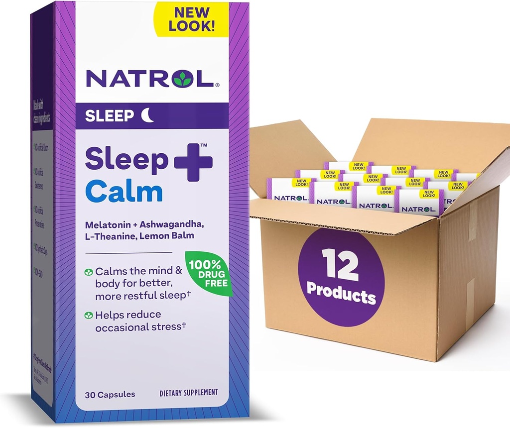 Natrol Sleep+ Calm Melatonin 6mg With Ashwagandha, L-Theanine ve Lemon Balm, Diyetsel Supplement for Restful Sleep and Calm The Mind, 30 Capsules, 30 Day Supply (Pack of 12)