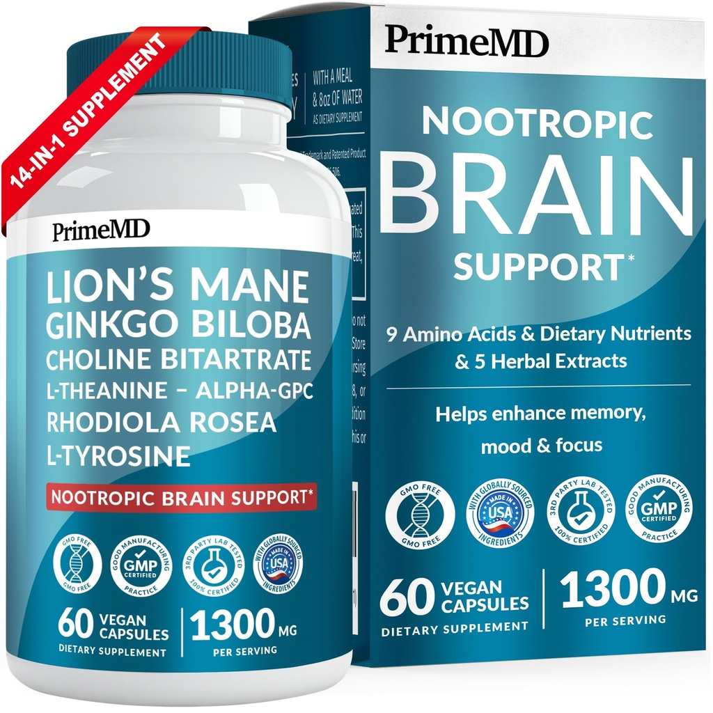 14-in-1 Lions Mane Supplement Capsules - Nootropic Brain Supplement with Ginkgo Biloba for Brain Support, Memory and Focus - Alfa GPC, L Theanine & Choline Supplements with 1300 mg Per Service (60 ct)