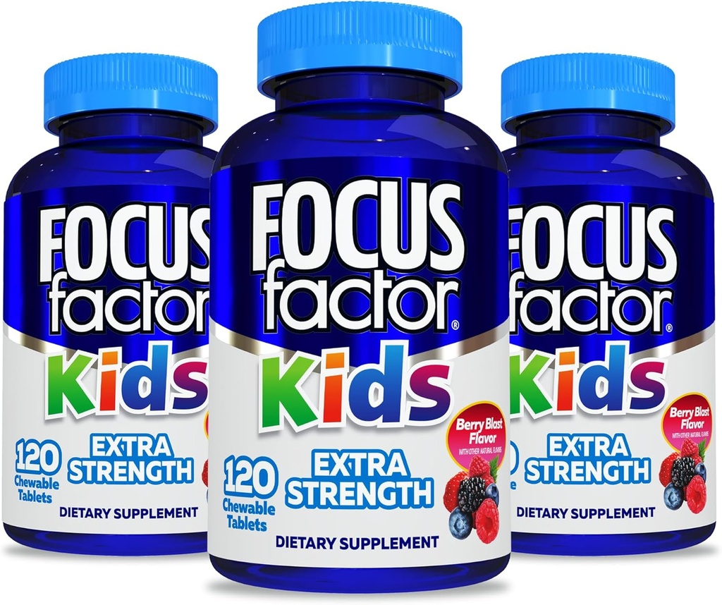 Focus Factor Kids Extra Strength Daily Chewable for Brain Health Support, 120 Kont - Çocuklar için Vitaminler - Kalite Formula - Gluten & Dairy Free Supplements for Children (3 Pack)