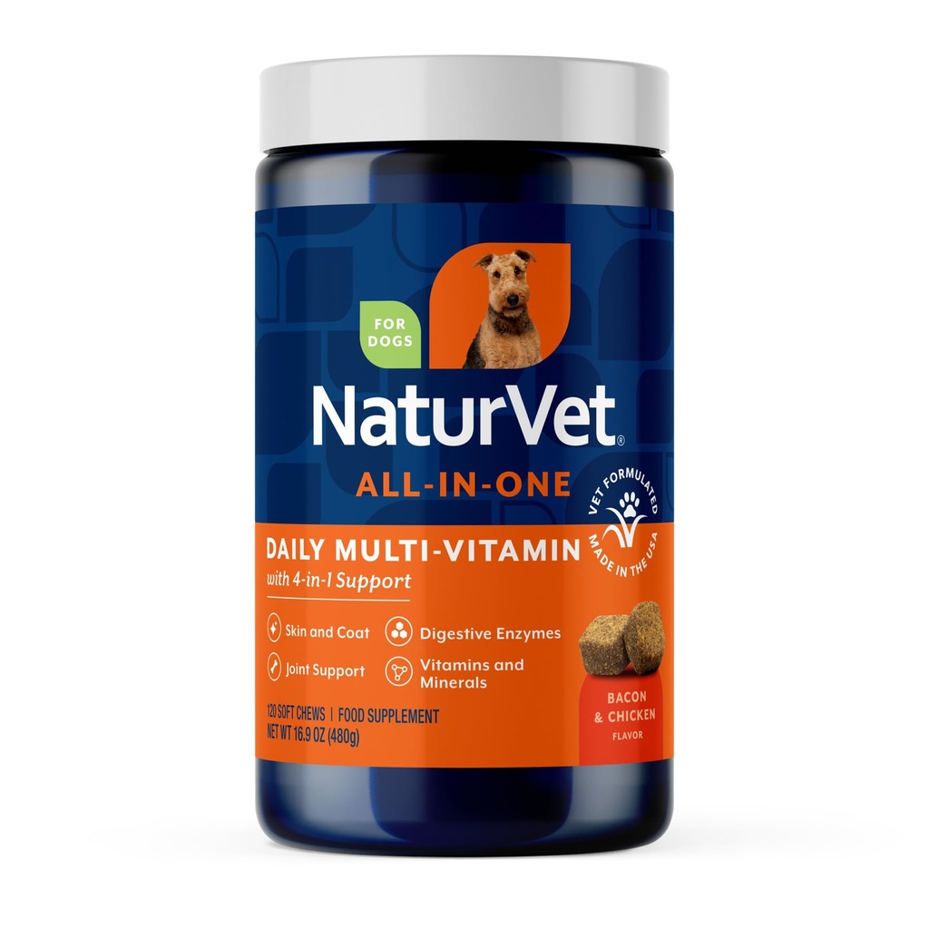 NaturVet All-in-One Dog Supplement - Ortak Destek için, Digestion, Skin, Coat Care – Dog Multivitamins with Minerals, Omega-3, 6, 9 – Buğday-Free Vitamins for Dogs – 120 Soft Chews
