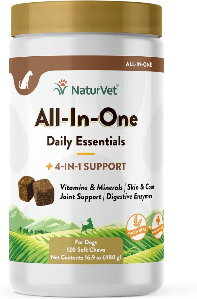 NaturVet All-in-One Dog Supplement - Ortak Destek için, Digestion, Skin, Coat Care – Dog Multivitamins with Minerals, Omega-3, 6, 9 – Buğday-Free Vitamins for Dogs – 120 Soft Chews