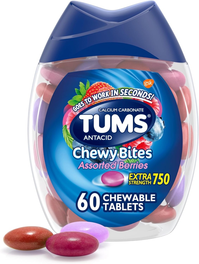 TUMS Chewy, Chewable Heartburn Relief ve Acid Indigestion Relief için Antacid Tabletlerini Bitiyor - 60 Kontra