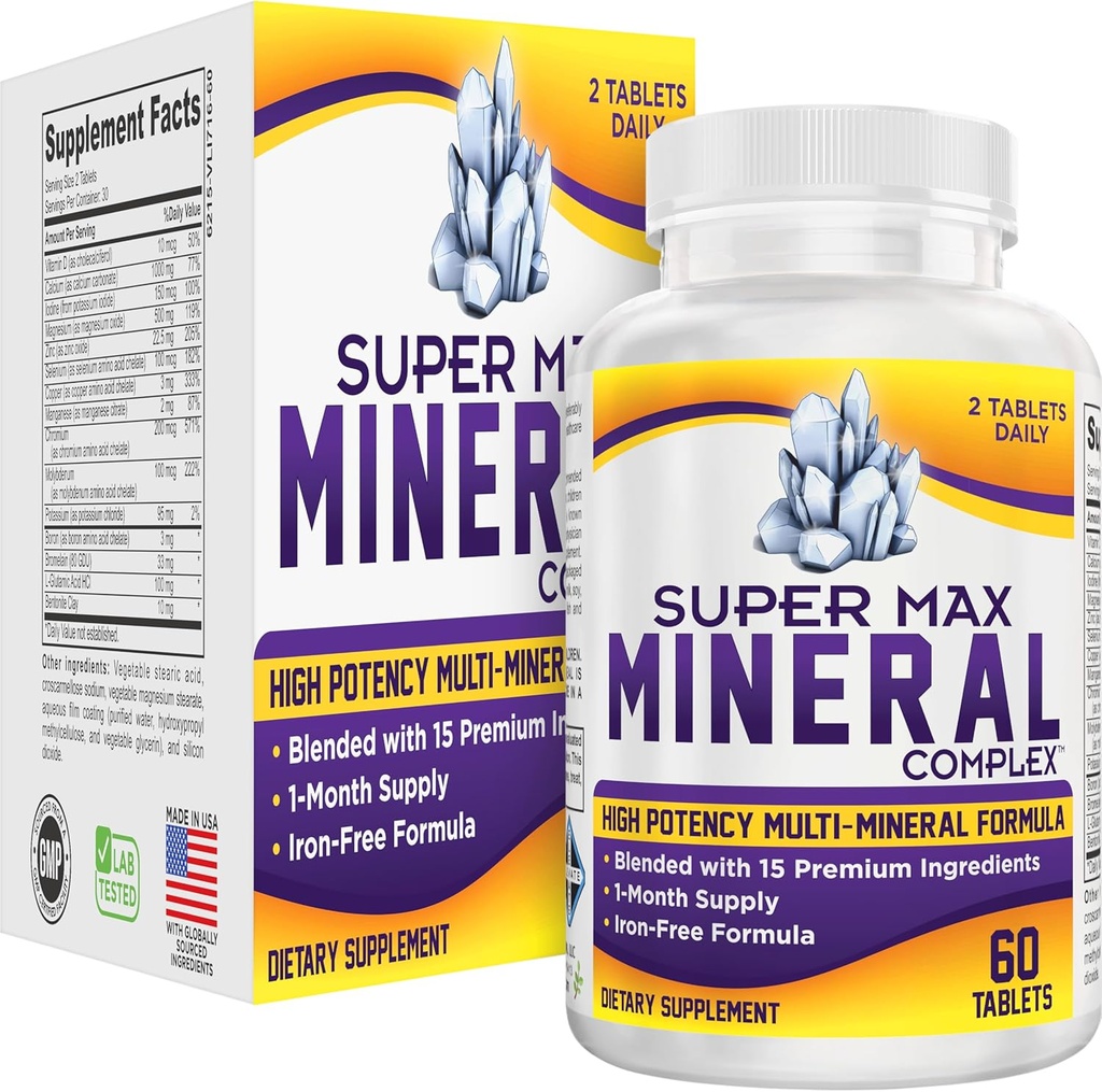 Super-MAX Multimineral Supplement (Iron Free) Multiminerals | High-Potency Multi Mineral Supplements (All-in-1) Mineraller Formula | Mineral Kompleksi | 1Month Supply | 60 Tabletler