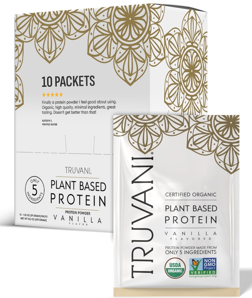 Truvani Vegan Pea Protein Toz | Vanilla | 20g Organik Bitki Temel Protein | Single Travel Packets | 10 Servisler | Keto | Gluten & Dairy Free | Low Carb | No Ek Olmayan Şeker