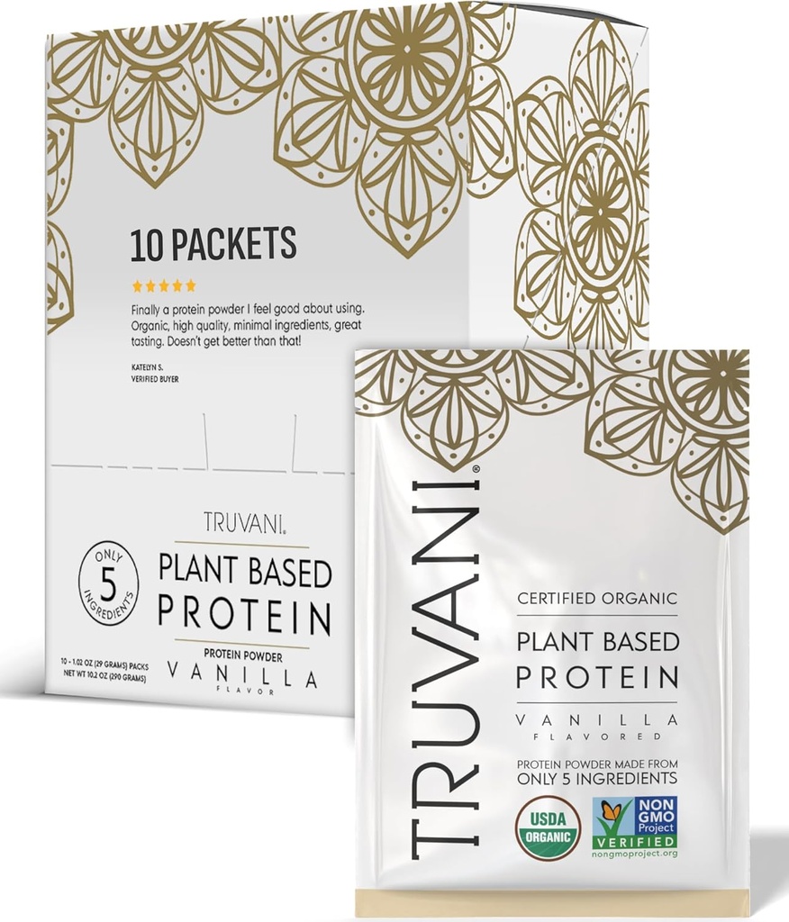 Truvani Vegan Pea Protein Toz | Vanilla | 20g Organik Bitki Temel Protein | Single Travel Packets | 10 Servisler | Keto | Gluten & Dairy Free | Low Carb | No Ek Olmayan Şeker