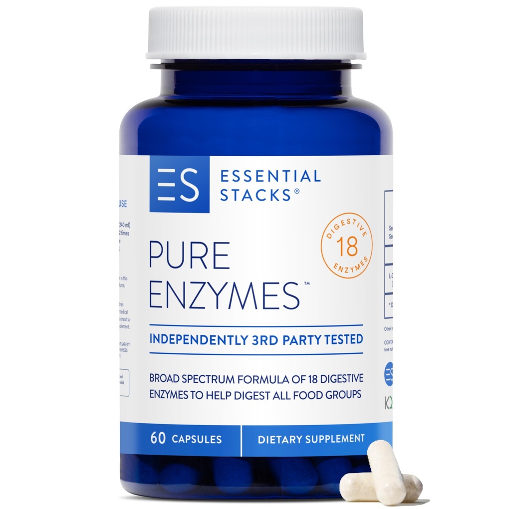 Essential Stacks Pure Digestive Enzymes (Gluten, Dairy & Soy Free) - 18 Enzymes for Digestion incl. Amylase, Lipase & Lactase - Χορτοφαγικά & Μη ΓΤΟ (60 Κάψουλες)