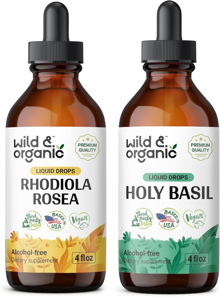 Wild & Organic Rhodiola Rosea Tincture 4 fl oz & Holy Basil Tincture 4 fl oz