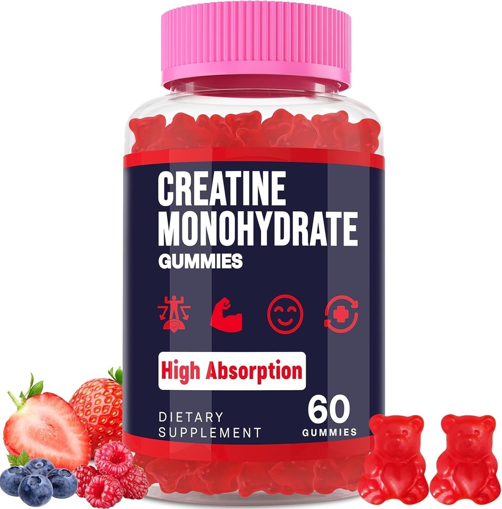 Kadınlar ve Erkekler için Kreatif Monohidrat Gummies, Taurine & B6, Chewable Kretina Pre Workout Gummies for Max Strength & Muscle growth, Energy, Endurance, Kretin for Men & Women - 1 Şişe