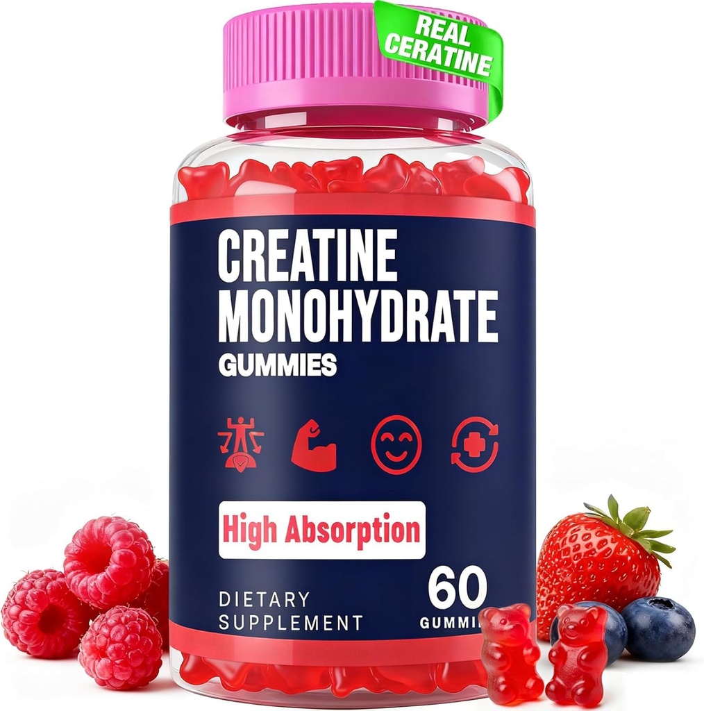 Kadınlar ve Erkekler için Kreatif Monohidrat Gummies, Taurine & B6, Chewable Kretina Pre Workout Gummies for Max Strength & Muscle growth, Energy, Endurance, Kretin for Men & Women - 1 Şişe