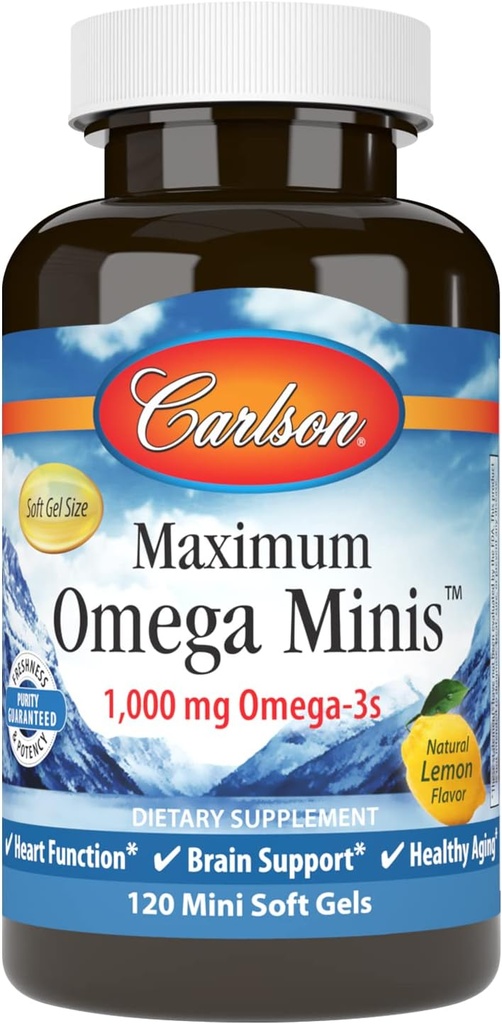 Carlson - maksimum Omega Minis, 1000 mg Omega-3s, Kalp Fonksiyonlar, Beyin Destek ve Sağlıklı Ağlama, Limon, 120 Mini Softgels