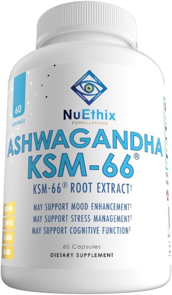 NuEthix Formulations Ashwagandha KSM 66, 500mg of KSM-66 Root Extract, Mood, Stress, & Cognitive Support, BioPerine Black Pepper Extract, Gluten Free, Vegetarian, Non-GMO, & Dairy Free, 60 Servings