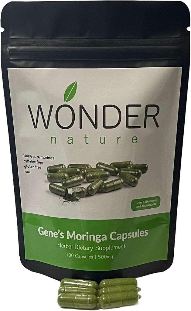 Gene's Moringa Fine Green Powder 100 Veg. Capsules, High Potency, Energy Focus and Alert, Increase Immune Systym