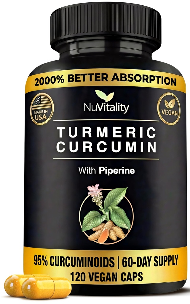 Turmeric Curcumin with Black Pepper Extract (Piperine) - 120 Veggie Tumeric Capsules - Premium% 95 Standartize Curcuminoids - Yüksek Aborpsiyon & Potency - Ortak Destek Supplement