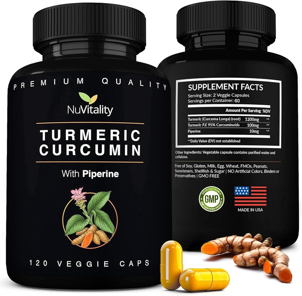 Turmeric Curcumin with Black Pepper Extract (Piperine) - 120 Veggie Tumeric Capsules - Premium% 95 Standartize Curcuminoids - Yüksek Aborpsiyon & Potency - Ortak Destek Supplement