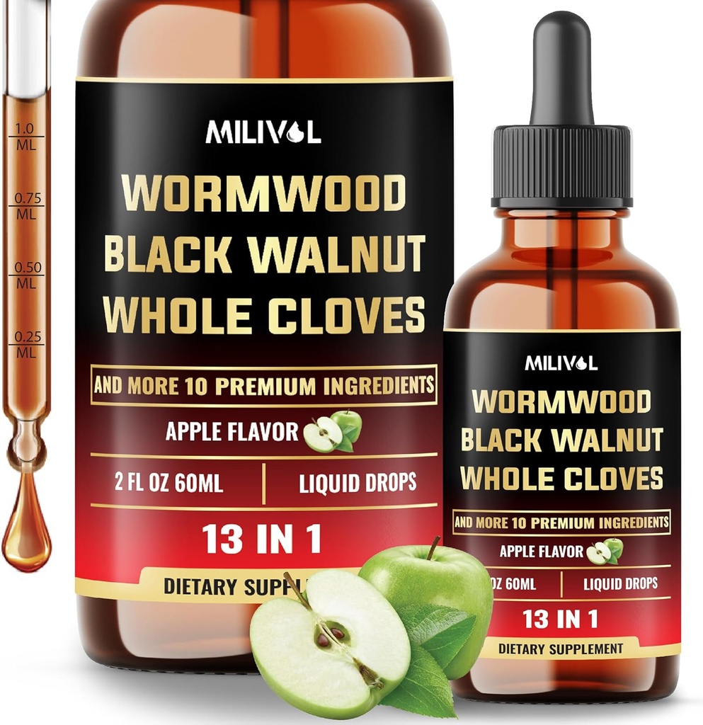 13in1 Wormwood Liquid Drops - 1900mg Black Walnut Wormwood Liquid Extract with Whole Cloves & More - 60 Day Supply - 2 Fl Oz