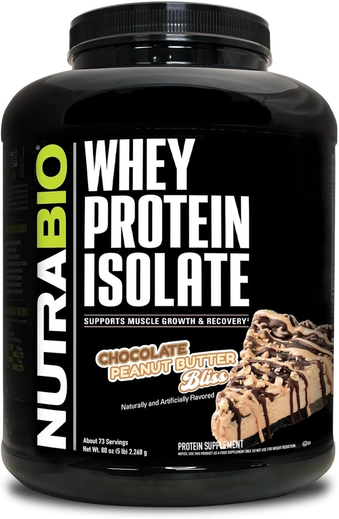 NutraBio 100% Whey Protein Isolate Protein Powder, 25g Protein with Complete Amino Acid Profile, Non-GMO, Soy & Gluten Free, Low Carb, Low Calori Whey Protein Powder, Σοκολάτα Φυστικοβούτυρο, 5 Lbs