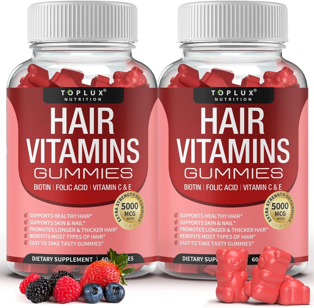 Saç Vitaminleri Gummies Supplement – Faster Hair Growth Gummy 5000mcg Biotin, Folic Acid, C & E, Support Stronger & Tier Hair, Skin, Nails, Non-GMO, for Men Women, 60 Berry Flavored Gummies, 60 Berry