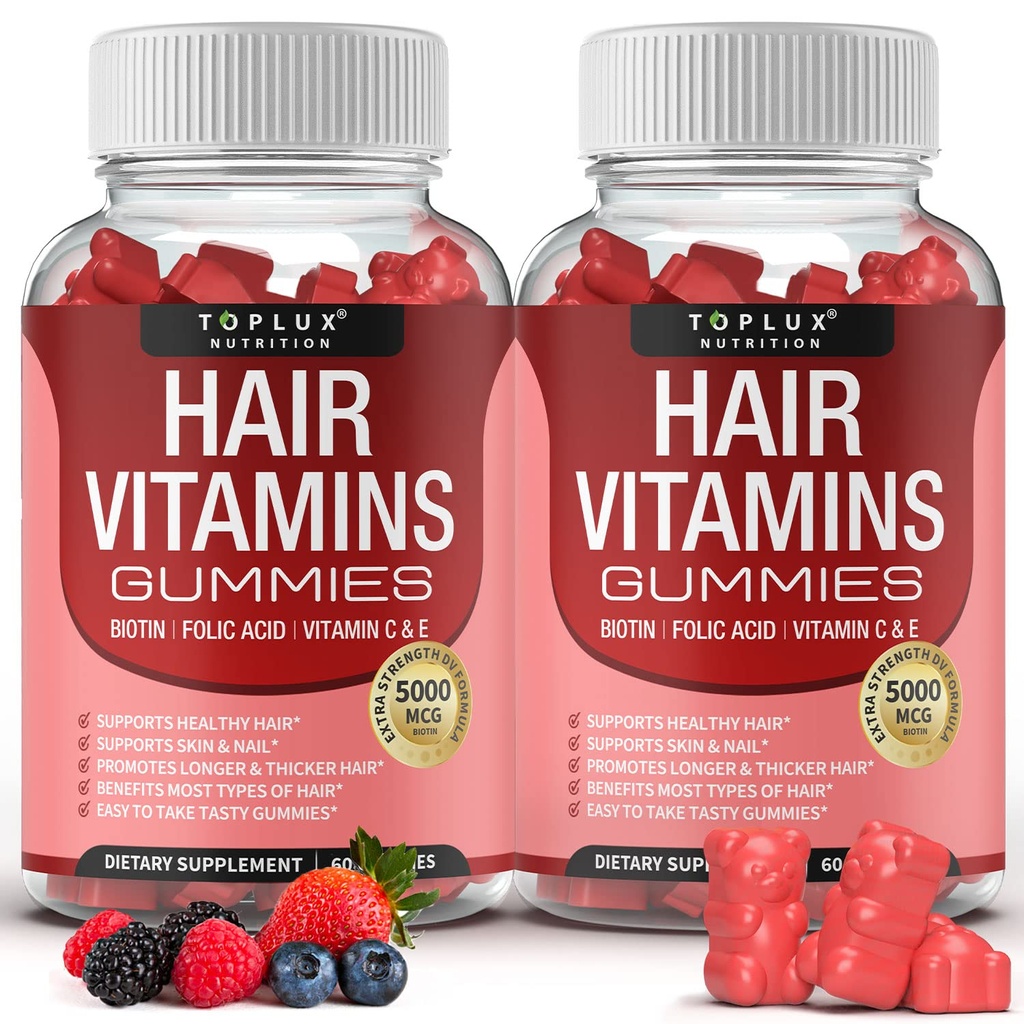 Saç Vitaminleri Gummies Supplement – Faster Hair Growth Gummy 5000mcg Biotin, Folic Acid, C & E, Support Stronger & Tier Hair, Skin, Nails, Non-GMO, for Men Women, 60 Berry Flavored Gummies, 60 Berry