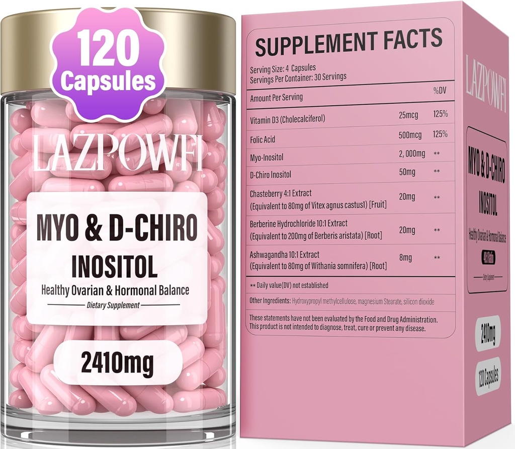 Inositol Supplement – Myo-Inositol & D-Chiro Inositol with Chasteberry, Berberine & Ashwagandha - Ideal 40:1 Folate & Vitamin D - Vegan Women's Wellness Formula - 120 Capsules