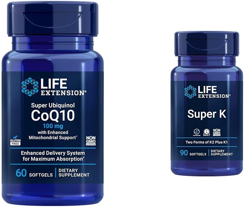 Life Extension Super Ubiquinol CoQ10 with Enhanced Mitochondrial Support & Super K, Vitamin K1, Vitamin K2 mk-7, Vitamin K2 mk-4