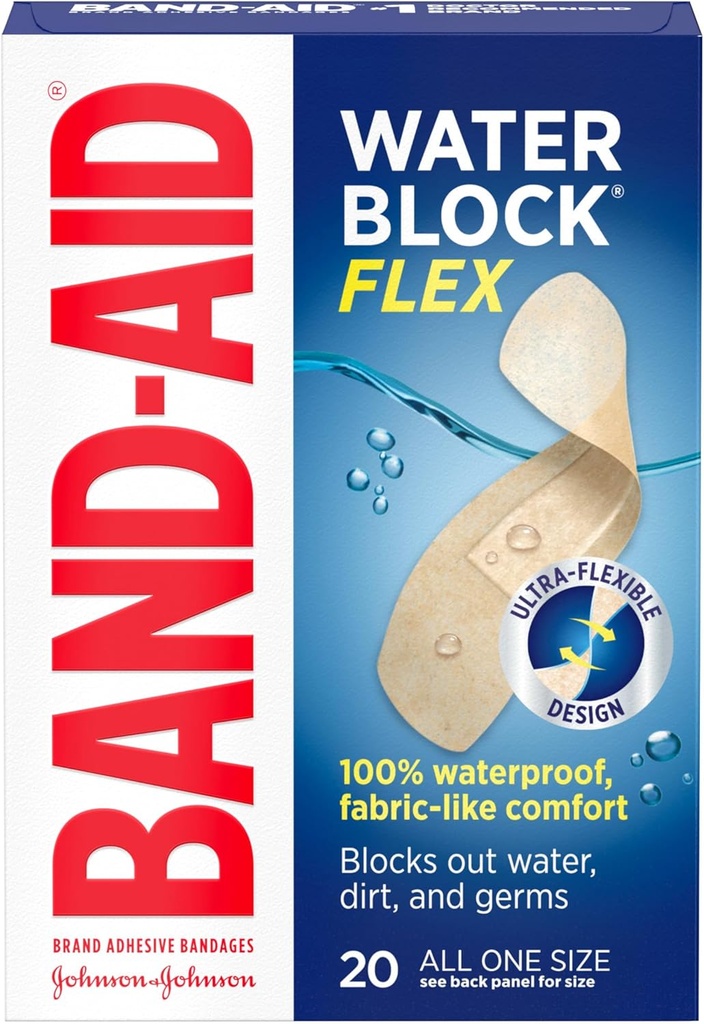 Band-Aid Brand Water Block Flex 100% Su geçirmez Bantajları İlk Aid Yaraları Minor Cuts, Boates & Yaras, Ultra-Flexible Design, Sterile, All One Dimension, 20 ctt