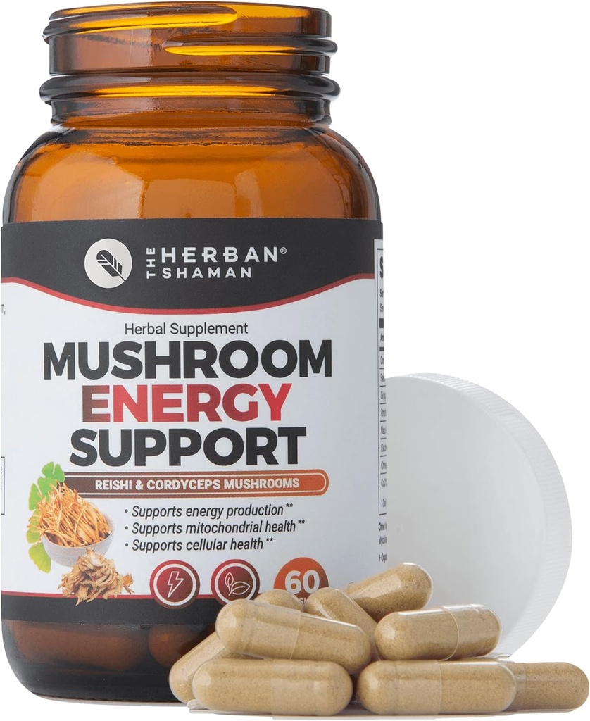 Mushroom Supplement Energy Support | Organik Mushroom Herbal Capsules with Reishi, Ginkgo, Rhodiola, Maca, Çin BTC, CoQ10 + Daha Fazla (60 Capsules)