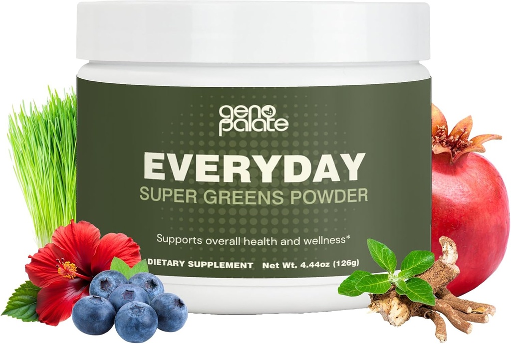 GenoPalate Everyday Super Greens, Plant-Based Nutrients with Barley Grass, Spirulina, Turmeric & Probiyotiks, Supports Energy, Digestion, Antioksis & Stres, Vegan, Gluten-Free, Non-GMO, 30 Hizmet