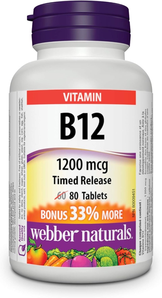 Webber Naturals Vitamin B12 Timed Release 1200 mg 80 Tablets