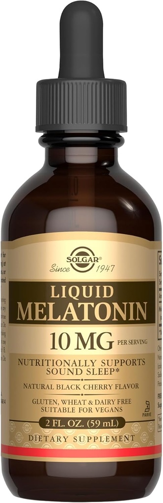 SOLGAR Sıvı Melatonin 10 mg, Natural Black Cherry Flavor - 2 fl oz - Jet Lag - Vegan, Gluten & Dairy Free, Kosher - 59 Hizmet