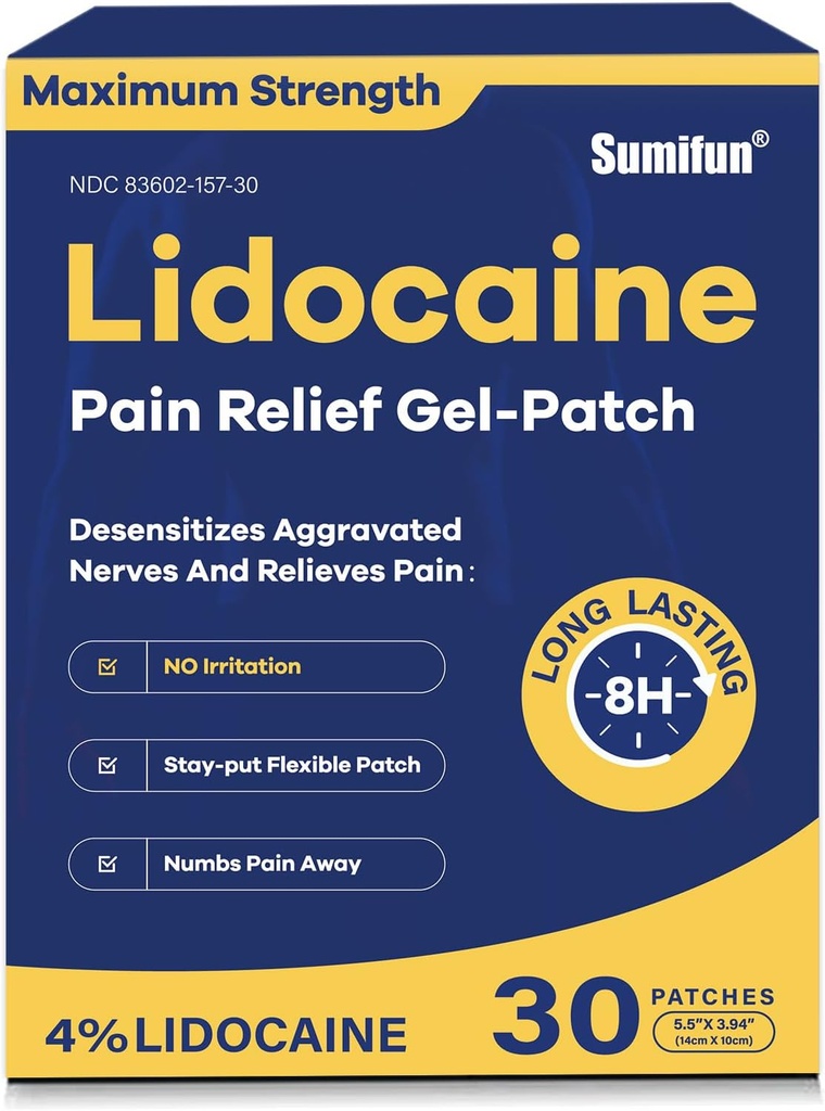 Sumifun 4% Lidocaine Pain Relief Patches 30 Count Maximum Strength Numbing Gel Patch for Back Knee Neck Joint Ache Muscle Soreness Topical Analgesic FSA or HSA Eligible