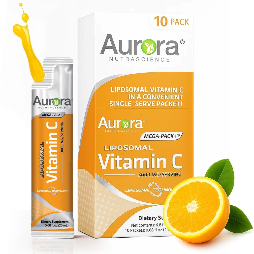 Aurora Nutrascience Mega-Pack Liposomal Vitamin C, Immune Support, 3.000 mg Per Service, Vegan, Gluten Free, Non-GMO, 10 Single Serve Packets, Orange