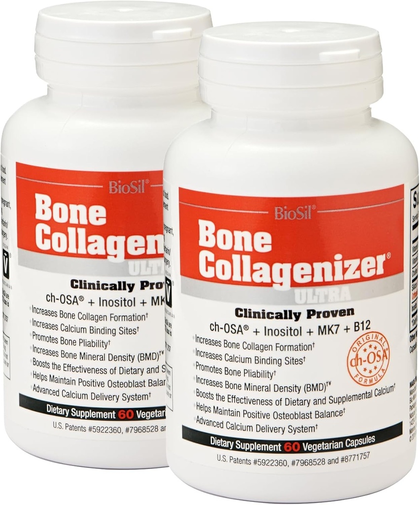 Biosil Bone Collagenizer Ultra - 60 κάψουλες Veggie, Συσκευασία των 2 - με πατενταρισμένο Ch-OSA Complex + Choline, Inositol, MK7 & Βιταμίνη B12 - GMO Δωρεάν - 60-Ημέρα προσφοράς