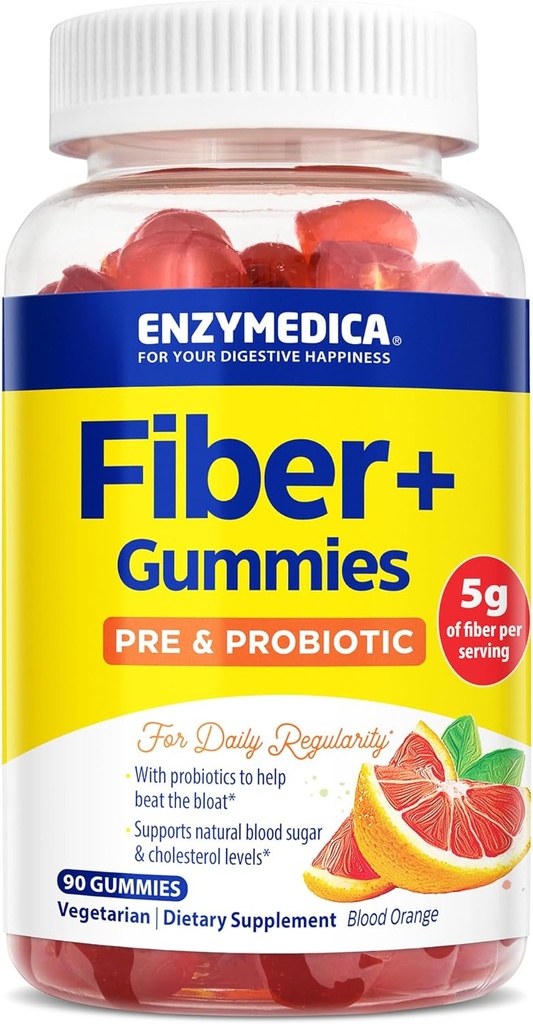 Enzymedica Fiber+ Prebiyotiks & Probiyotiks for Daily Regularity, Vegetarian, 5g Fiber, Natural Fiber Supplement, for Men & Women, Blood Orange Flavor, 90 ct