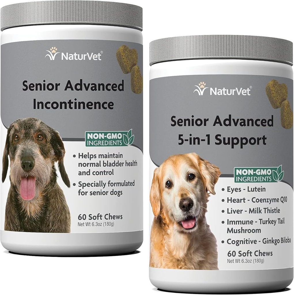 NaturVet Senior Advanced Incontinence Dog Supplement – Help Dog's Bladder Control Normal Urination – 60 Ct. Soft Chews - Senior Advanced 5-in-1 Support Dog Supplement - 60 Soft Chews