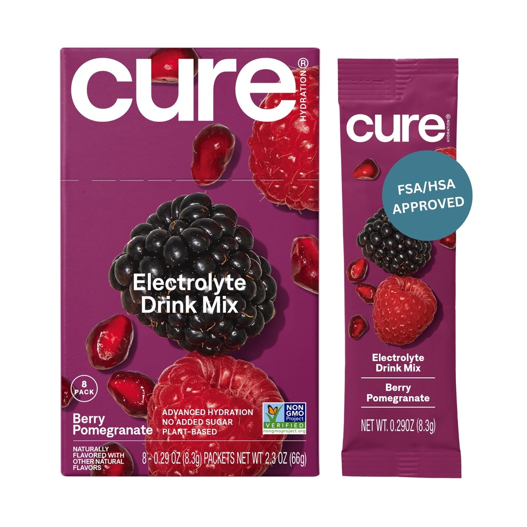 Cure Hydration | Plant-Based Electrolyte Drink Mix | No included Sugar | Dehidrasyon Yardımı Banyo Su ile Yapılan | Non-GMO | Vegan | 8 Packets Kutu - Berry Pomegranate