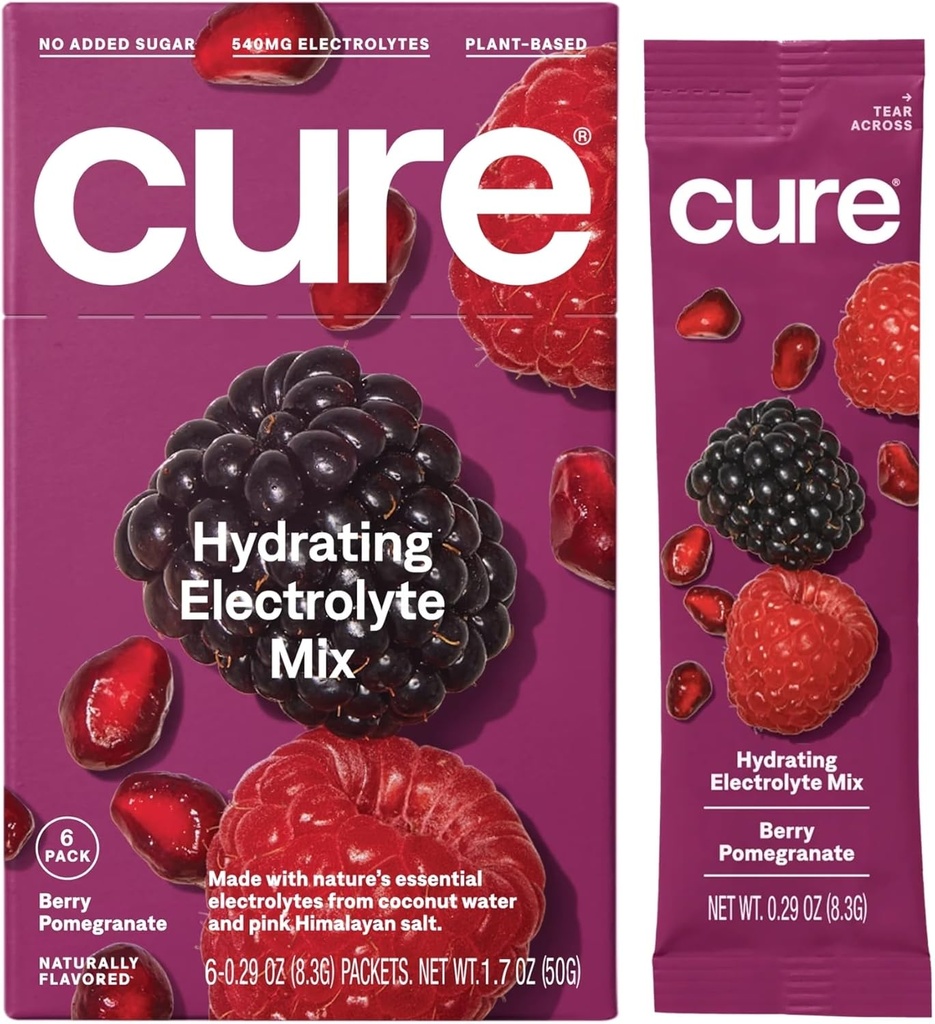 Cure Hydration | Plant-Based Electrolyte Drink Mix | No included Sugar | Dehidrasyon Yardımı Banyo Su ile Yapılan | Non-GMO | Vegan | 8 Packets Kutu - Berry Pomegranate