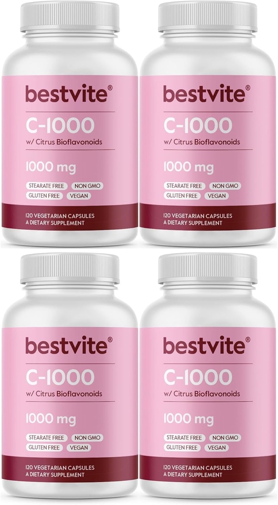 BESTVITE Vitamin C 1000 mg (480 Vegetarian Capsules) (120 x 4) Citrus Bioflavinoids - No Stearates - Vegan - Non GMO - Gluten Free