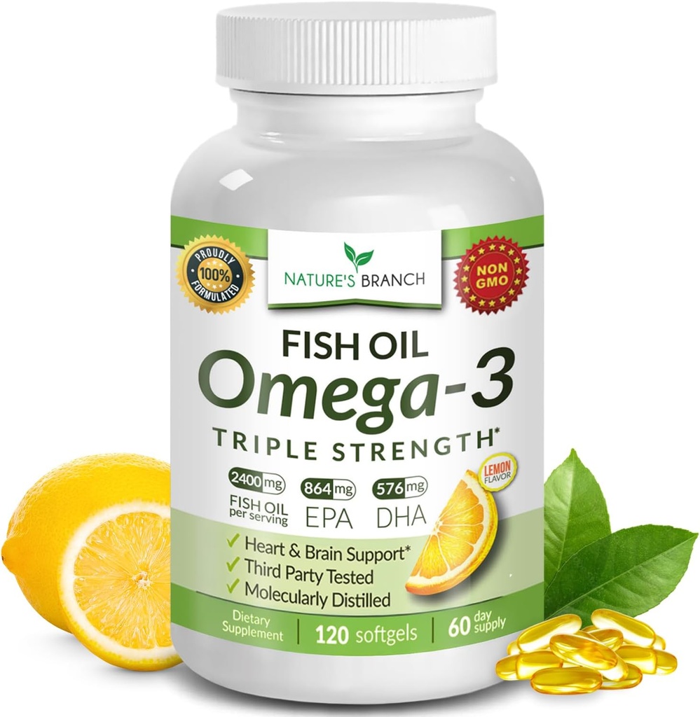 En İyi Triple Strength Omega 3 Fish Oil Pills 2400 mg | 120 Capsules | Burpless High Potency Lemon Flavor | 864mg EPA 576 mg DHA Ultra Pure Liquid Softgels | Beyin Ortakları Saç Kalp Sağlığı Tamamlayıcı