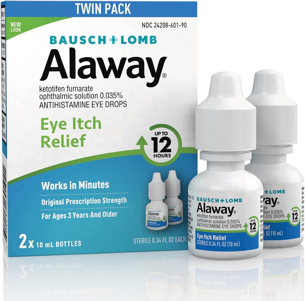 Alaway Antihistamine Οφθαλμικές σταγόνες για Ichy Eyes, Fast-Active, έως 12-Hour Eye Itch Relief, Clinically Tested Prescription-Stength Formula, 0,34 Fl Oz (Pack of 2)