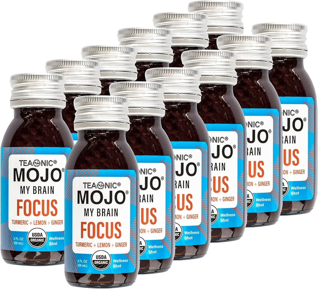 TEAONIC Beyin Mojo: Focus Wellness Shots - USDA-Cerhid Vegan Formula Ginkgo Biloba, Ginger, Turmeric - 12 Şişe x 2 Fl Oz Her - Gluten-Free, Non-GMO