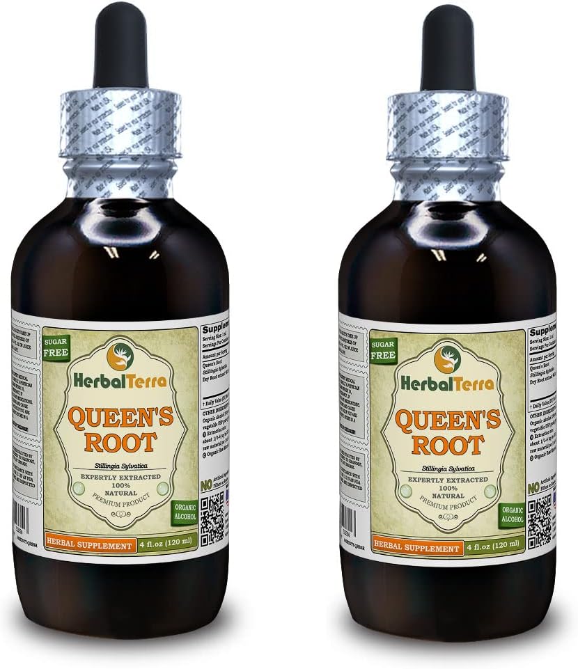 Queen's Root (Stillingia Sylvatica) Tincture, Dried Roots Liquid Extract (Brand Name: HerbalTerra, Proudly Made in USA) 2x4 fl.oz (2x120 ml)