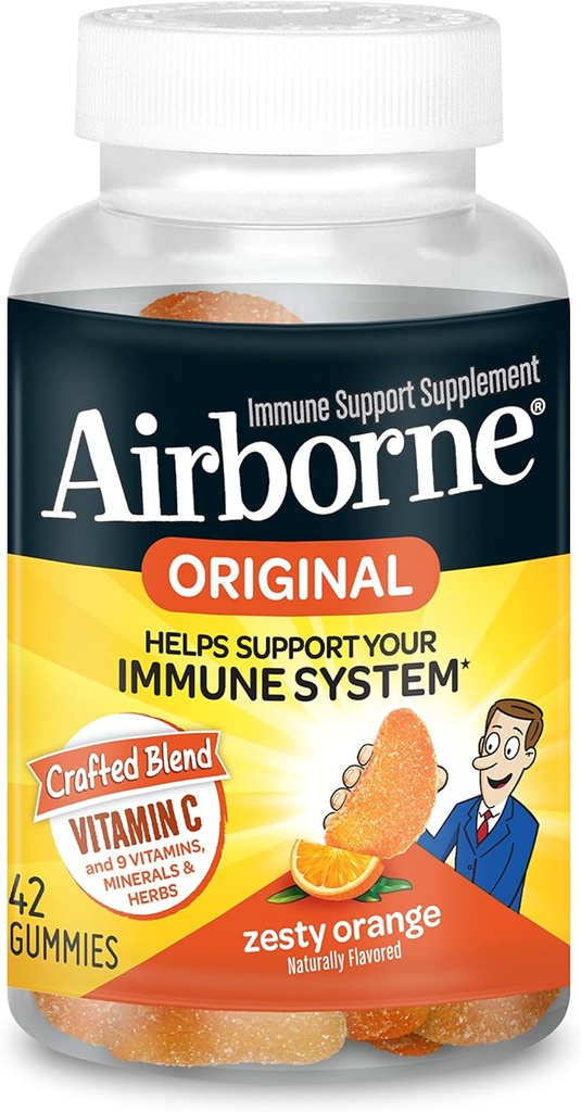 Airborne C 750 mg (per Servis) Zesty Orange Flavored Gummies (42 Bir Şişede Kont), Gluten-Free Immune Support Supplement with Vitamins A C E, Selenium, Echinacea, Ginger, Antioxy